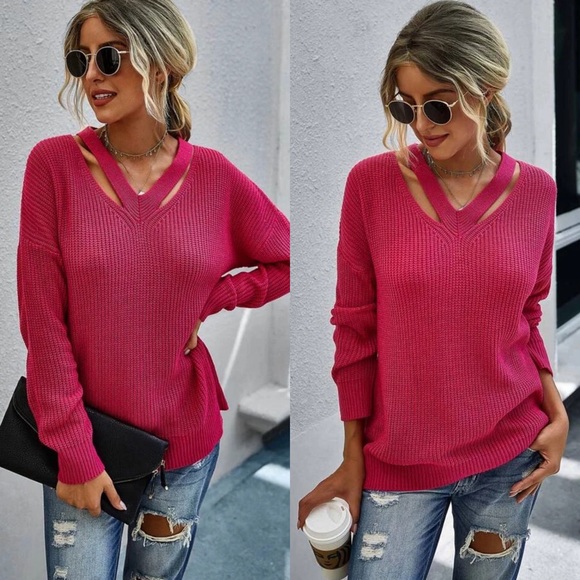 Cut Out Knit Solid Sweater- BLUE - Picture 12 of 12